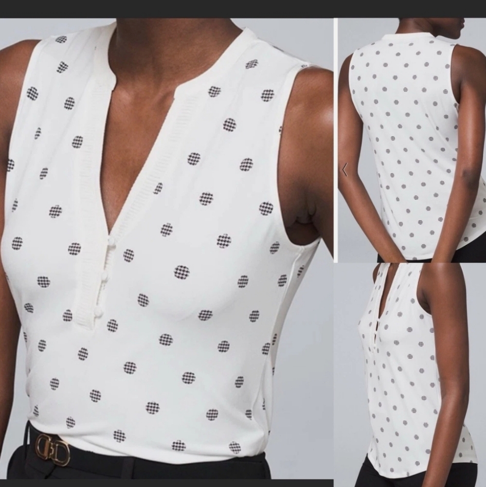 NWhite House Black Market Sleeveless Black and White Dot Blouse